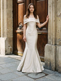 Ivory Satin Mermaid Off-the-Shoulder Back Zip Floor-Length Bridesmaid Dress with Pleated Waist - Curvevia