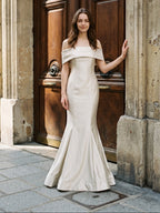 Ivory Satin Mermaid Off-the-Shoulder Back Zip Floor-Length Bridesmaid Dress with Pleated Waist - Curvevia