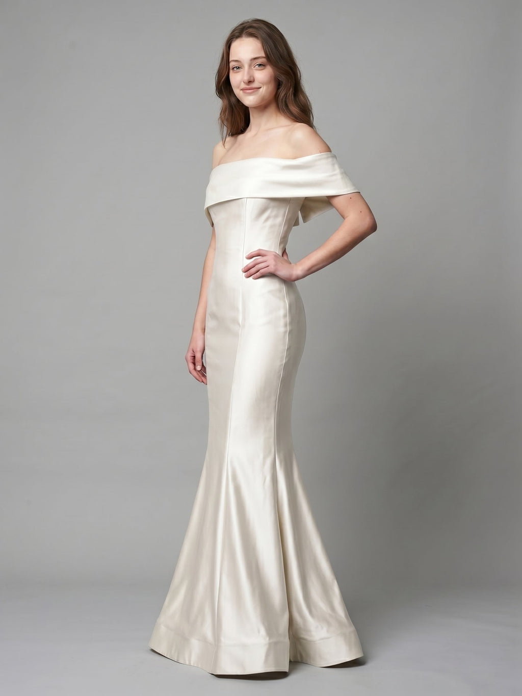 Ivory Satin Mermaid Off-the-Shoulder Back Zip Floor-Length Bridesmaid Dress with Pleated Waist - Curvevia