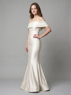 Ivory Satin Mermaid Off-the-Shoulder Back Zip Floor-Length Bridesmaid Dress with Pleated Waist - Curvevia