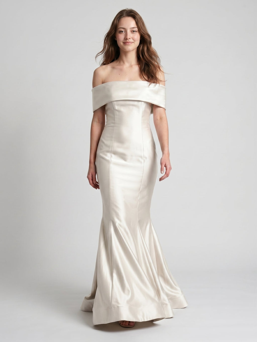 Ivory Satin Mermaid Off-the-Shoulder Back Zip Floor-Length Bridesmaid Dress with Pleated Waist - Curvevia