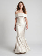 Ivory Satin Mermaid Off-the-Shoulder Back Zip Floor-Length Bridesmaid Dress with Pleated Waist - Curvevia