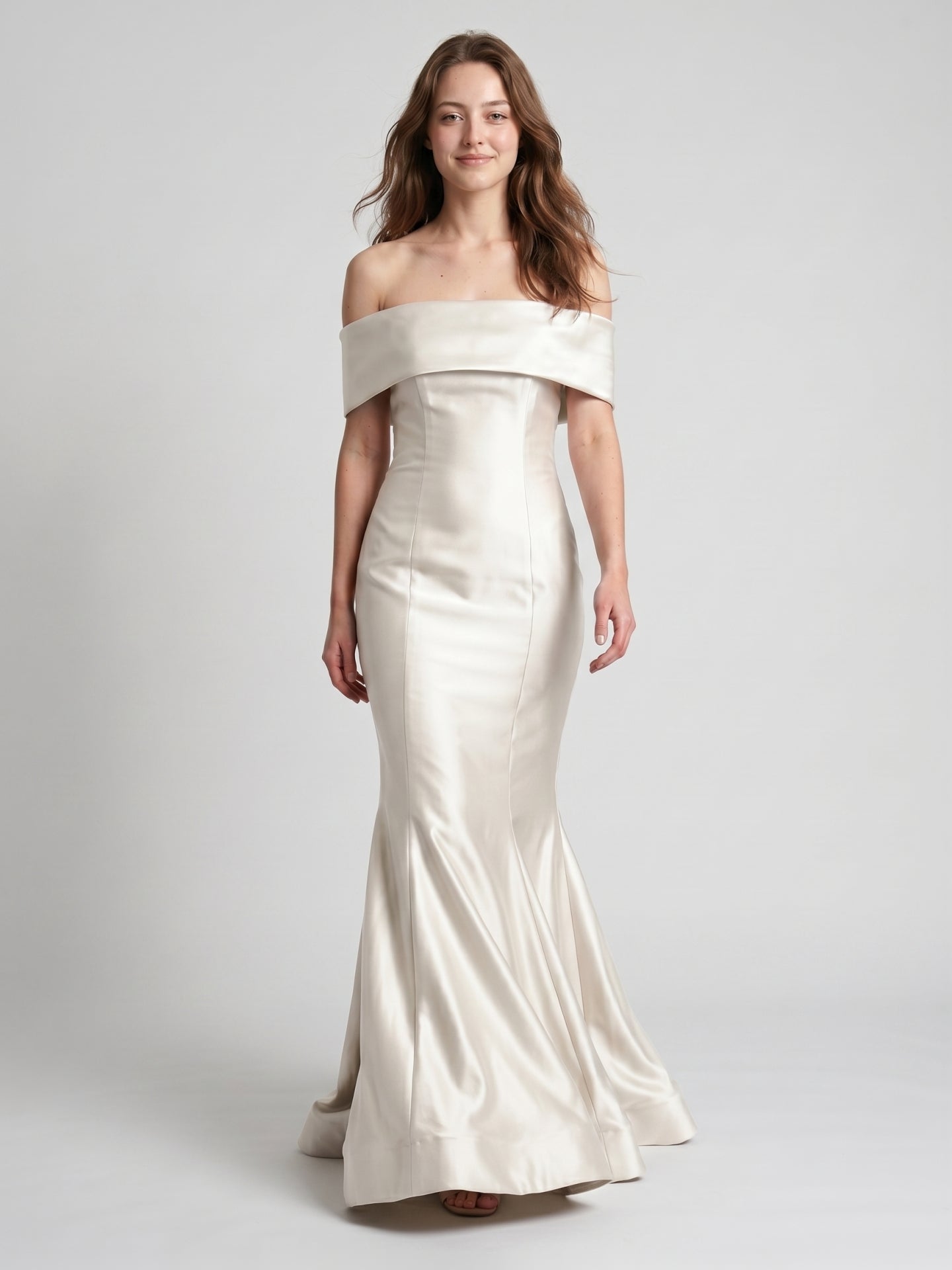 Ivory Satin Mermaid Off-the-Shoulder Back Zip Floor-Length Bridesmaid Dress with Pleated Waist - Curvevia