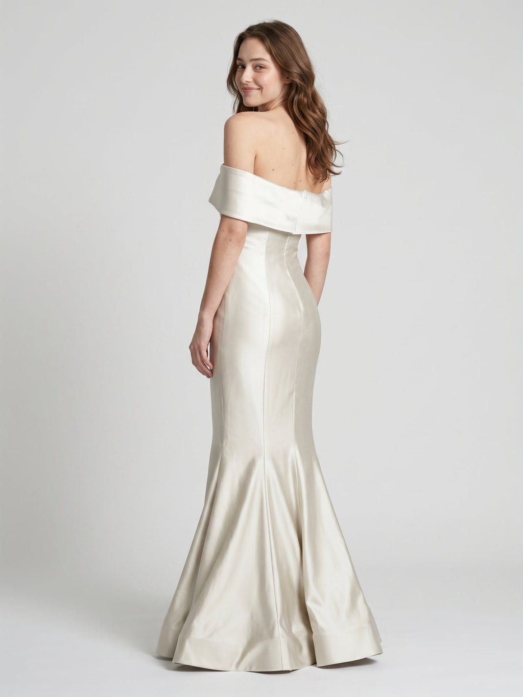 Ivory Satin Mermaid Off-the-Shoulder Back Zip Floor-Length Bridesmaid Dress with Pleated Waist - Curvevia