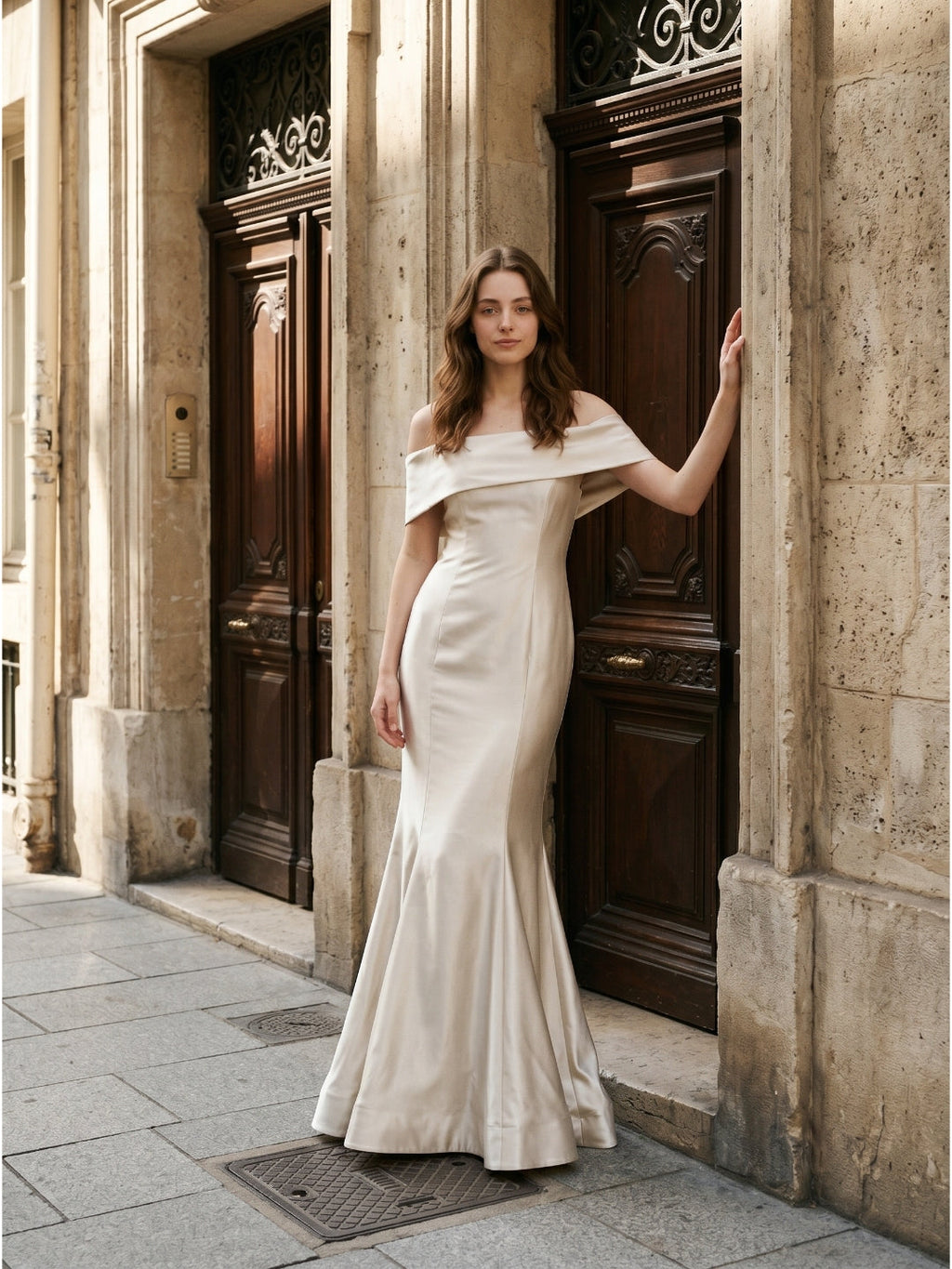 Ivory Satin Mermaid Off-the-Shoulder Back Zip Floor-Length Bridesmaid Dress with Pleated Waist - Curvevia