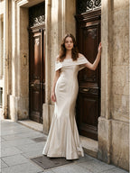Ivory Satin Mermaid Off-the-Shoulder Back Zip Floor-Length Bridesmaid Dress with Pleated Waist - Curvevia