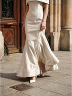 Ivory Satin Mermaid Off-the-Shoulder Back Zip Floor-Length Bridesmaid Dress with Pleated Waist - Curvevia