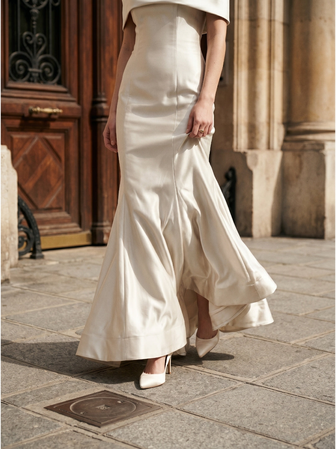 Ivory Satin Mermaid Off-the-Shoulder Back Zip Floor-Length Bridesmaid Dress with Pleated Waist - Curvevia
