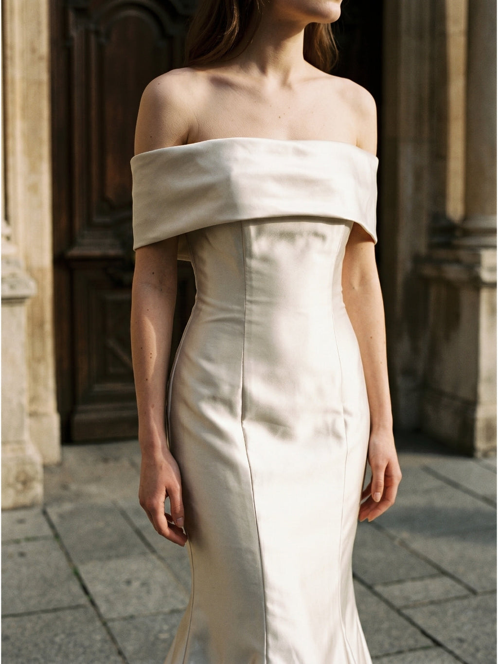 Ivory Satin Mermaid Off-the-Shoulder Back Zip Floor-Length Bridesmaid Dress with Pleated Waist - Curvevia