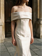 Ivory Satin Mermaid Off-the-Shoulder Back Zip Floor-Length Bridesmaid Dress with Pleated Waist - Curvevia