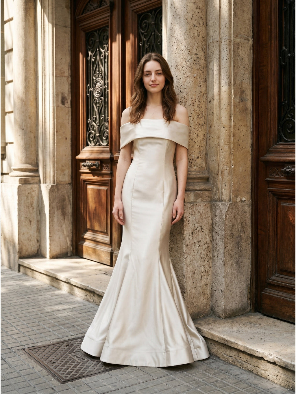 Ivory Satin Mermaid Off-the-Shoulder Back Zip Floor-Length Bridesmaid Dress with Pleated Waist - Curvevia