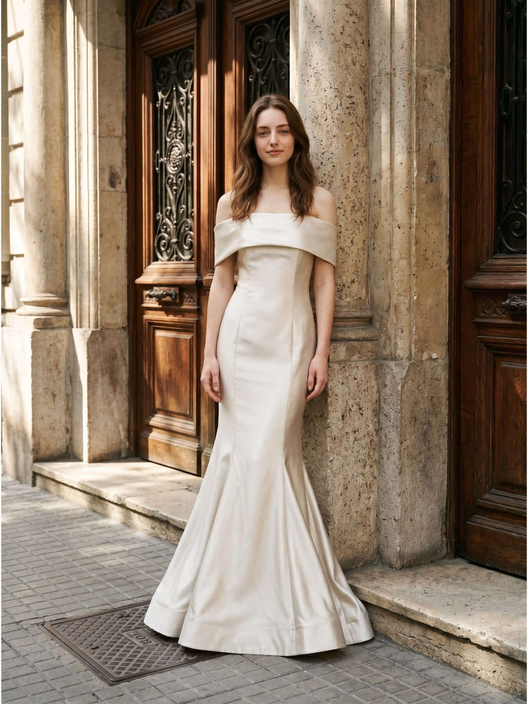 Ivory Satin Mermaid Off-the-Shoulder Back Zip Floor-Length Bridesmaid Dress with Pleated Waist - Curvevia
