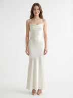 Ivory Satin Mermaid Square Neck Backless Floor-Length Pleated Bridesmaid Dress - Curvevia