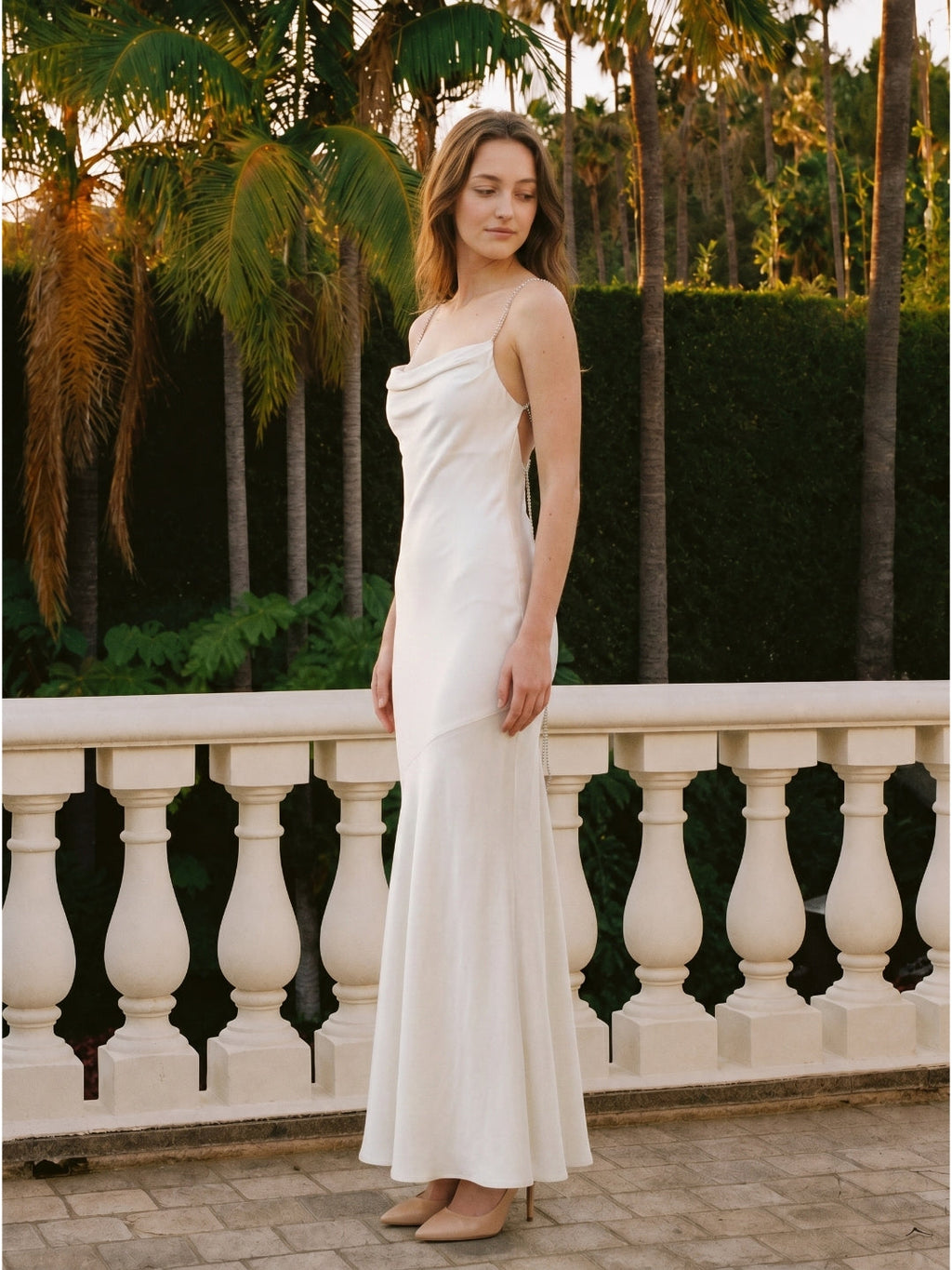 Ivory Satin Mermaid Square Neck Backless Floor-Length Pleated Bridesmaid Dress - Curvevia