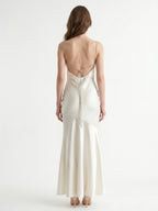 Ivory Satin Mermaid Square Neck Backless Floor-Length Pleated Bridesmaid Dress - Curvevia