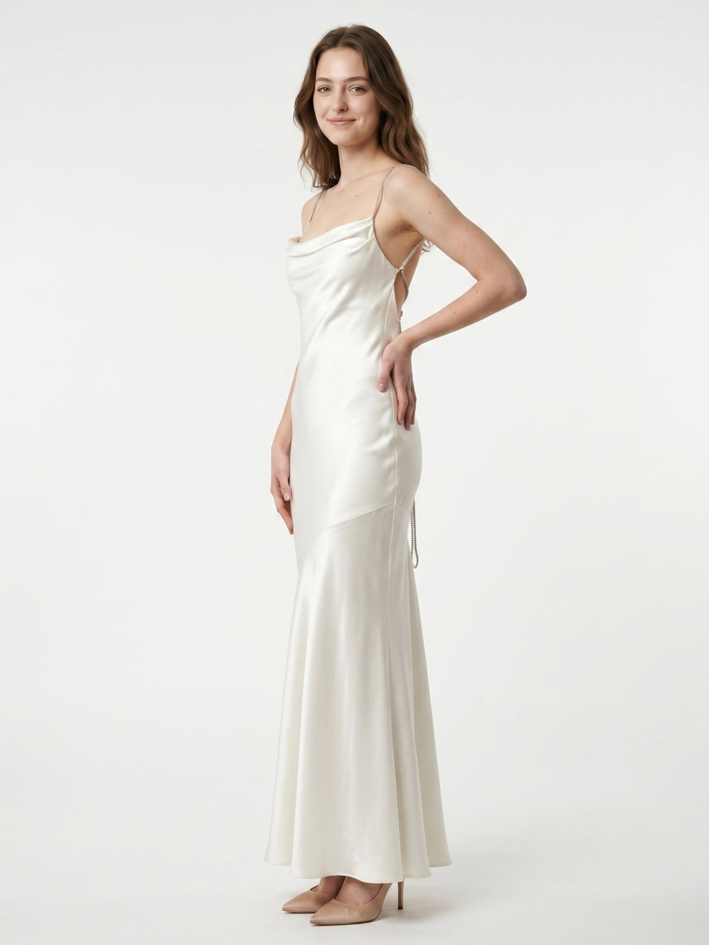 Ivory Satin Mermaid Square Neck Backless Floor-Length Pleated Bridesmaid Dress - Curvevia