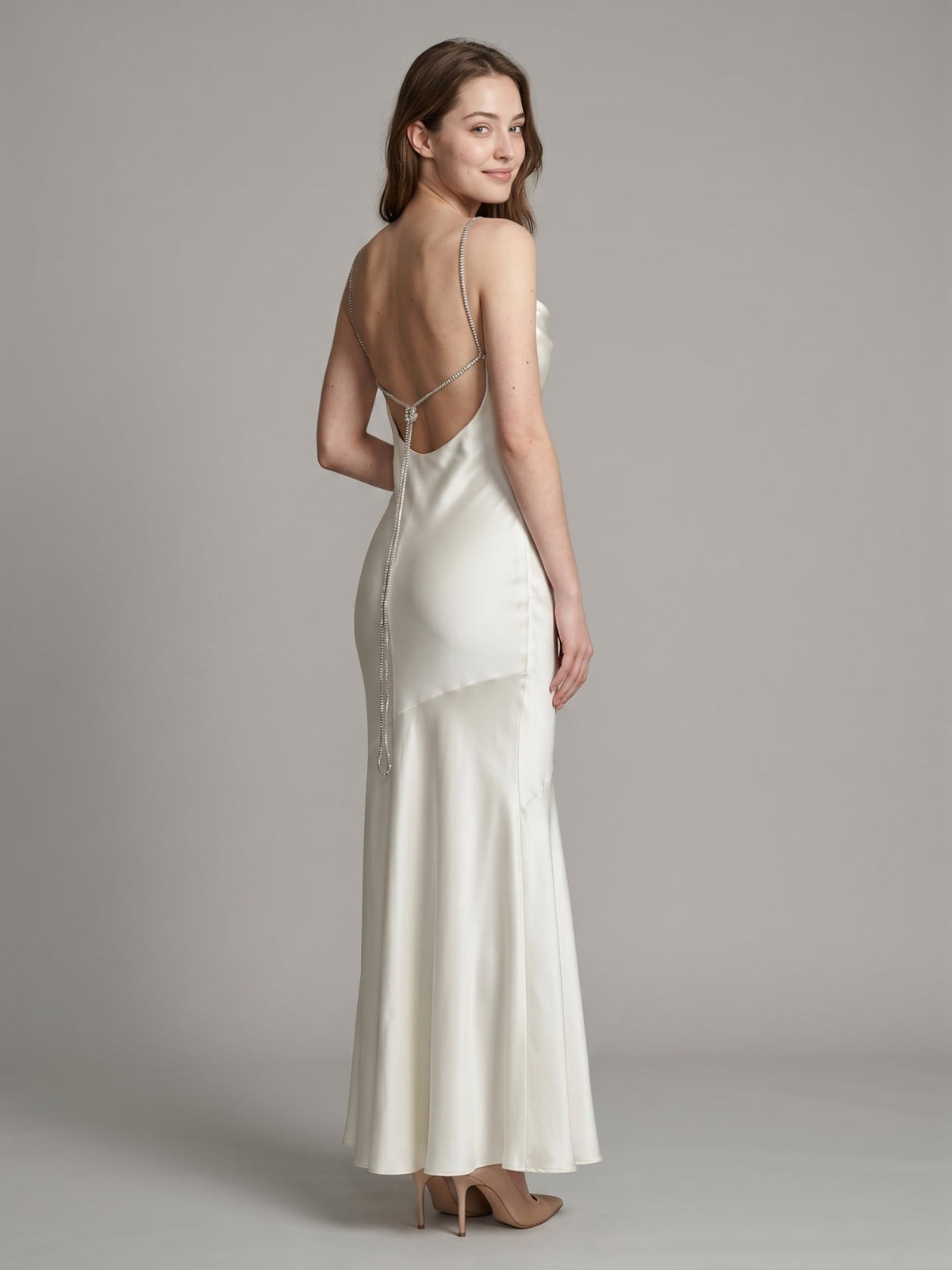 Ivory Satin Mermaid Square Neck Backless Floor-Length Pleated Bridesmaid Dress - Curvevia
