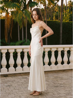 Ivory Satin Mermaid Square Neck Backless Floor-Length Pleated Bridesmaid Dress - Curvevia