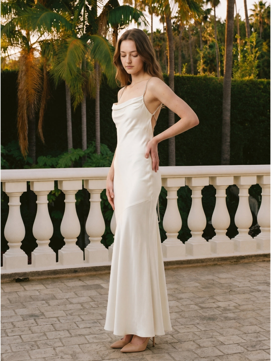 Ivory Satin Mermaid Square Neck Backless Floor-Length Pleated Bridesmaid Dress - Curvevia