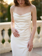 Ivory Satin Mermaid Square Neck Backless Floor-Length Pleated Bridesmaid Dress - Curvevia