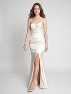 Ivory Satin Mermaid Sweetheart Backless Floor-Length Bridesmaid Dress with Pleated Trim - Curvevia