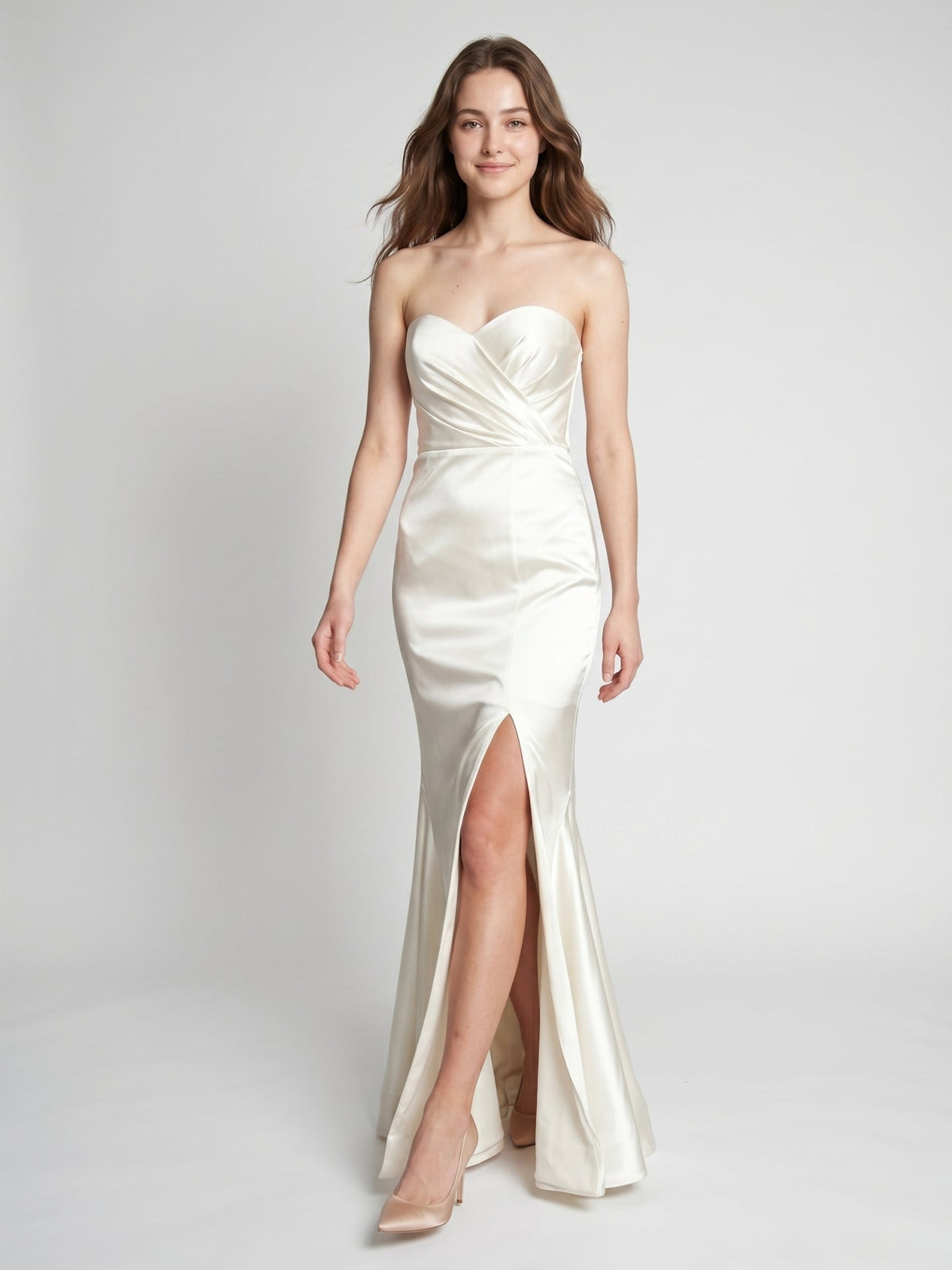 Ivory Satin Mermaid Sweetheart Backless Floor-Length Bridesmaid Dress with Pleated Trim - Curvevia