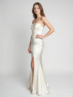 Ivory Satin Mermaid Sweetheart Backless Floor-Length Bridesmaid Dress with Pleated Trim - Curvevia