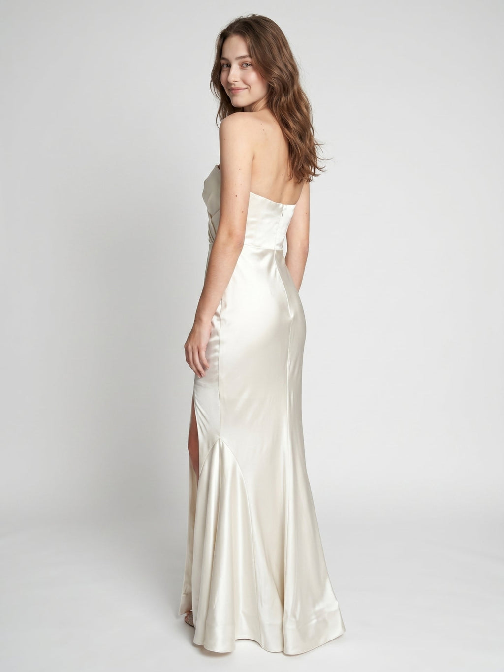 Ivory Satin Mermaid Sweetheart Backless Floor-Length Bridesmaid Dress with Pleated Trim - Curvevia