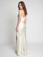 Ivory Satin Mermaid Sweetheart Backless Floor-Length Bridesmaid Dress with Pleated Trim - Curvevia