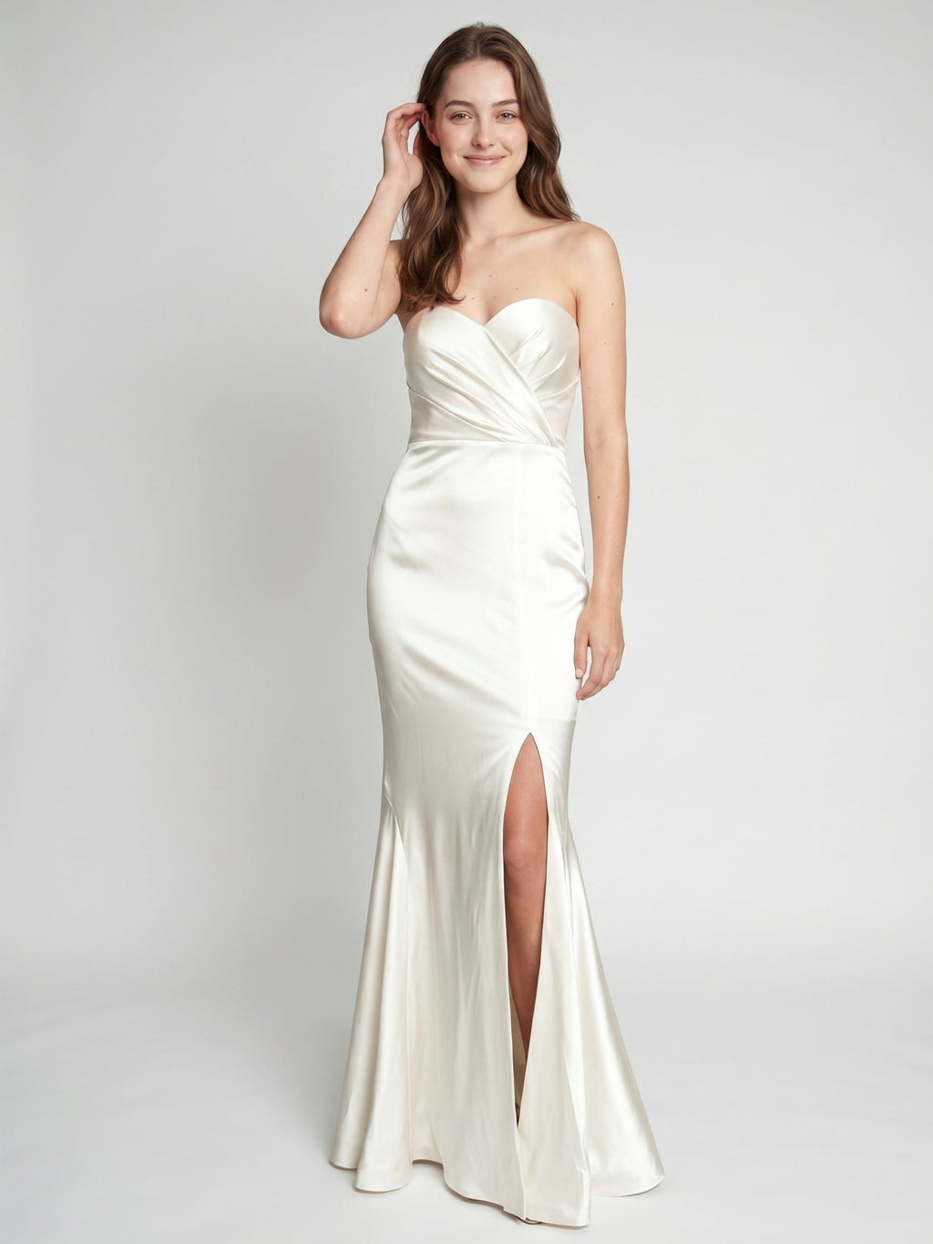 Ivory Satin Mermaid Sweetheart Backless Floor-Length Bridesmaid Dress with Pleated Trim - Curvevia