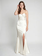 Ivory Satin Mermaid Sweetheart Backless Floor-Length Bridesmaid Dress with Pleated Trim - Curvevia