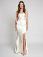 Ivory Satin Mermaid Sweetheart Backless Floor-Length Bridesmaid Dress with Pleated Trim - Curvevia
