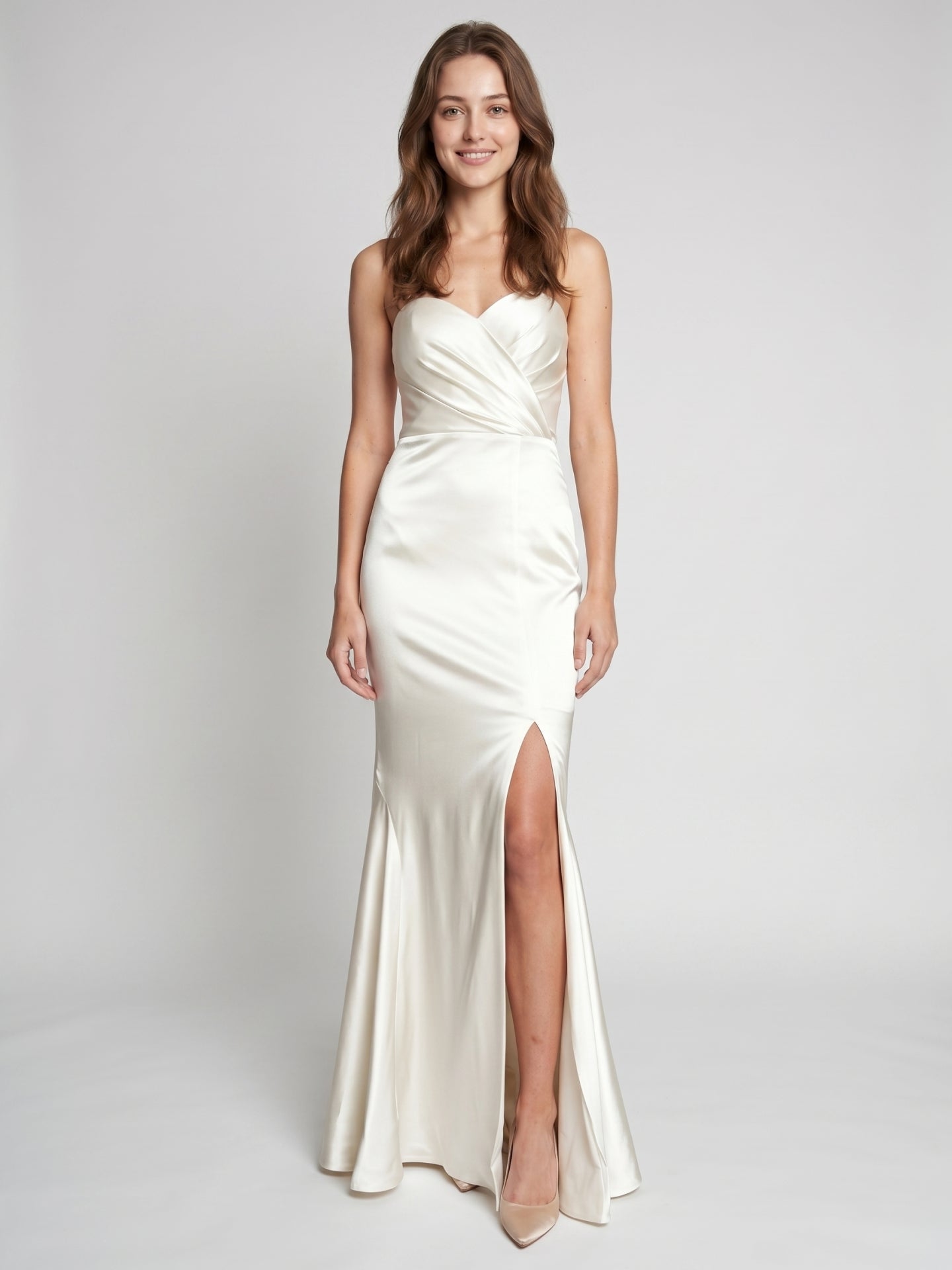Ivory Satin Mermaid Sweetheart Backless Floor-Length Bridesmaid Dress with Pleated Trim - Curvevia