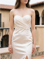 Ivory Satin Mermaid Sweetheart Backless Floor-Length Bridesmaid Dress with Pleated Trim - Curvevia