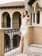 Ivory Satin Mermaid Sweetheart Backless Floor-Length Bridesmaid Dress with Pleated Trim - Curvevia