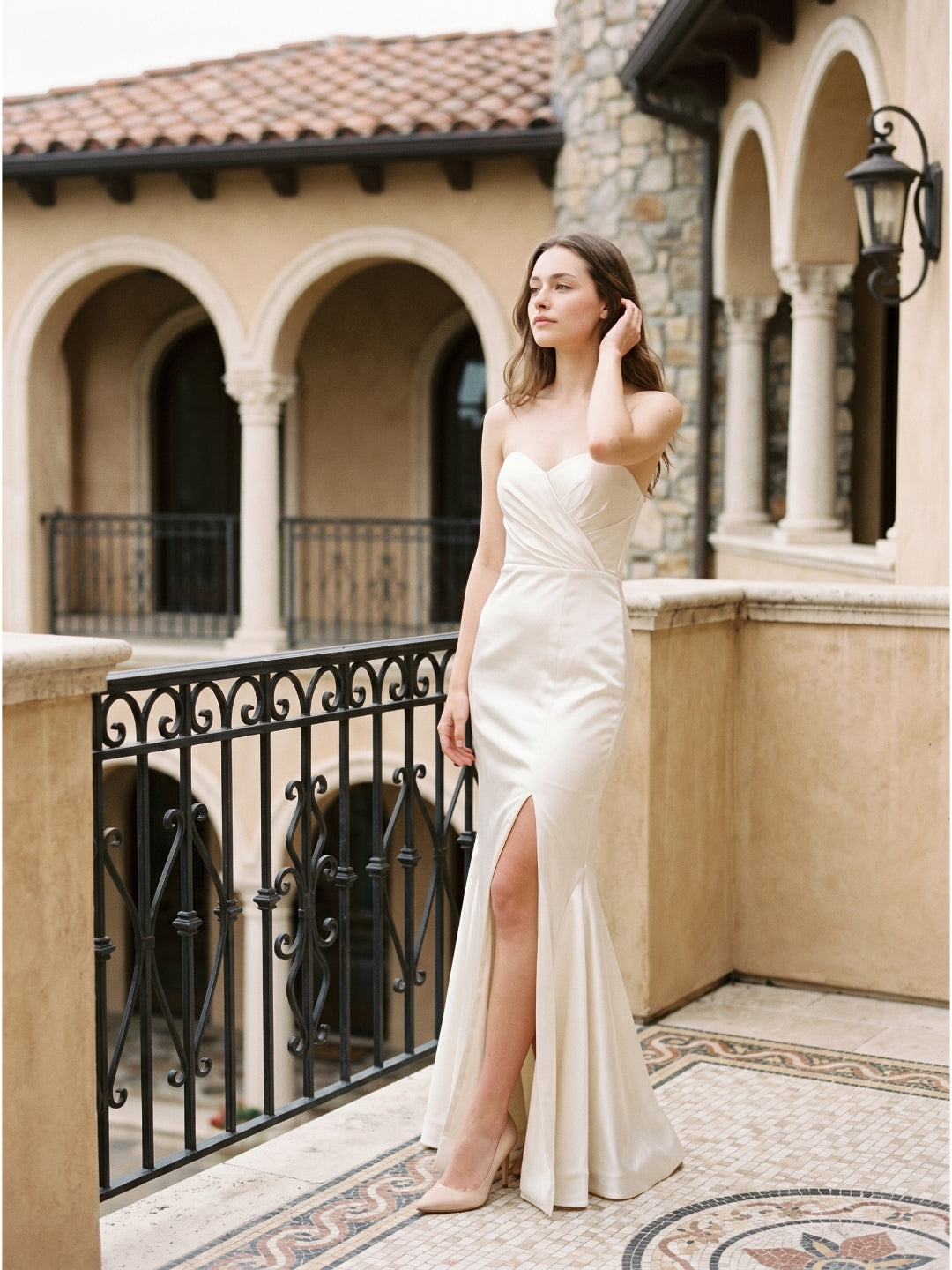 Ivory Satin Mermaid Sweetheart Backless Floor-Length Bridesmaid Dress with Pleated Trim - Curvevia