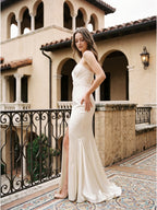 Ivory Satin Mermaid Sweetheart Backless Floor-Length Bridesmaid Dress with Pleated Trim - Curvevia
