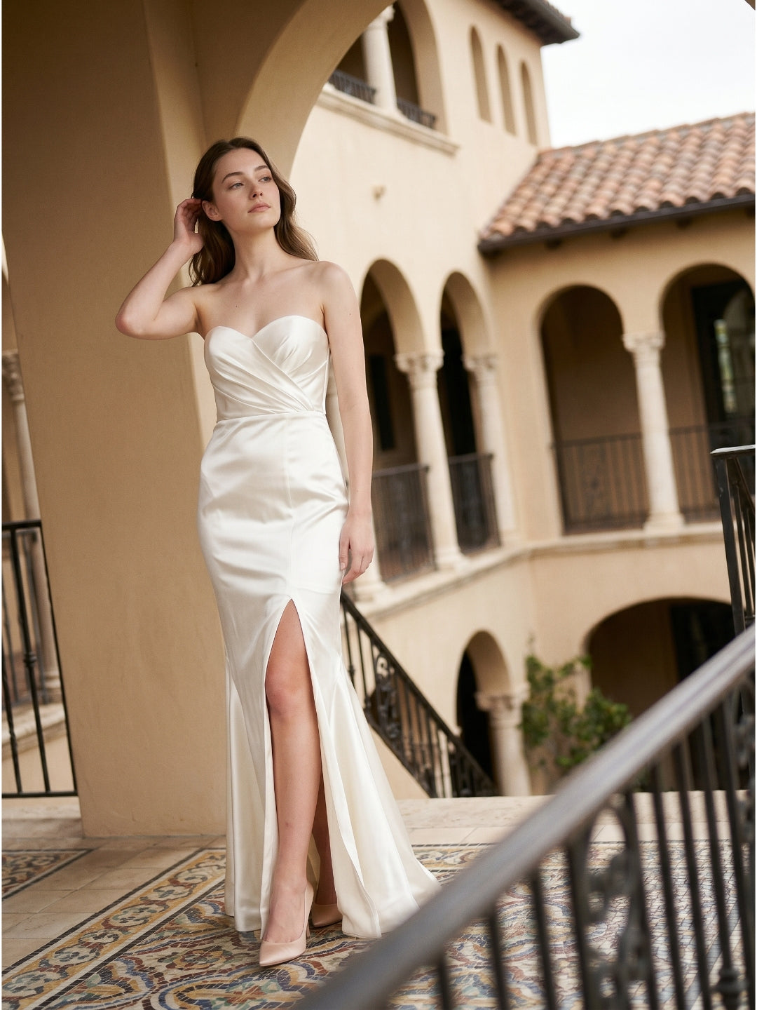 Ivory Satin Mermaid Sweetheart Backless Floor-Length Bridesmaid Dress with Pleated Trim - Curvevia