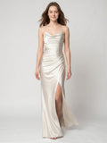 Ivory Satin Sheath Cowl Neck Back Zip Floor-Length Bridesmaid Dress with Pleated Skirt - Curvevia
