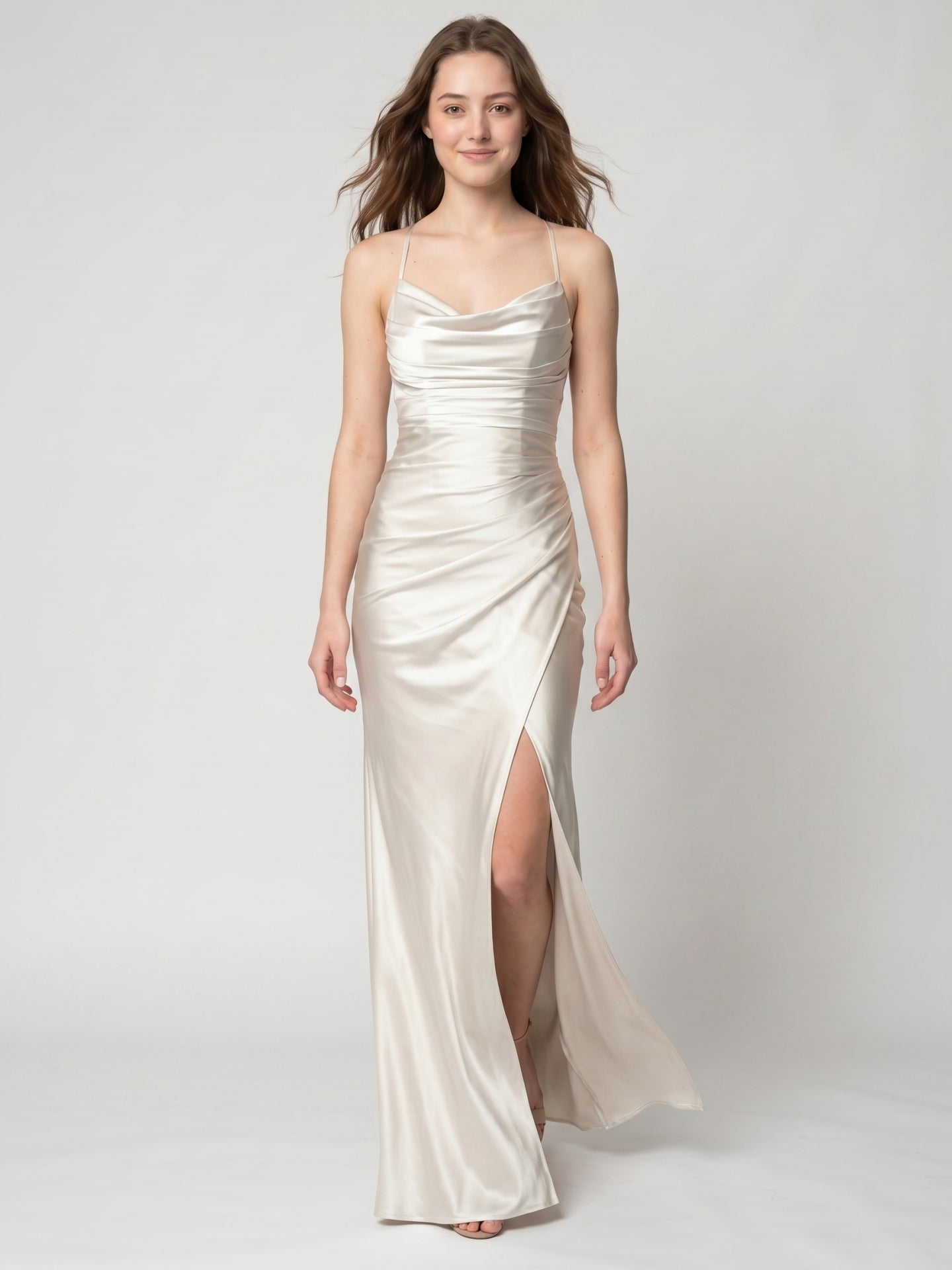 Ivory Satin Sheath Cowl Neck Back Zip Floor-Length Bridesmaid Dress with Pleated Skirt - Curvevia