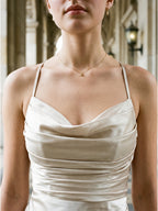 Ivory Satin Sheath Cowl Neck Back Zip Floor-Length Bridesmaid Dress with Pleated Skirt - Curvevia