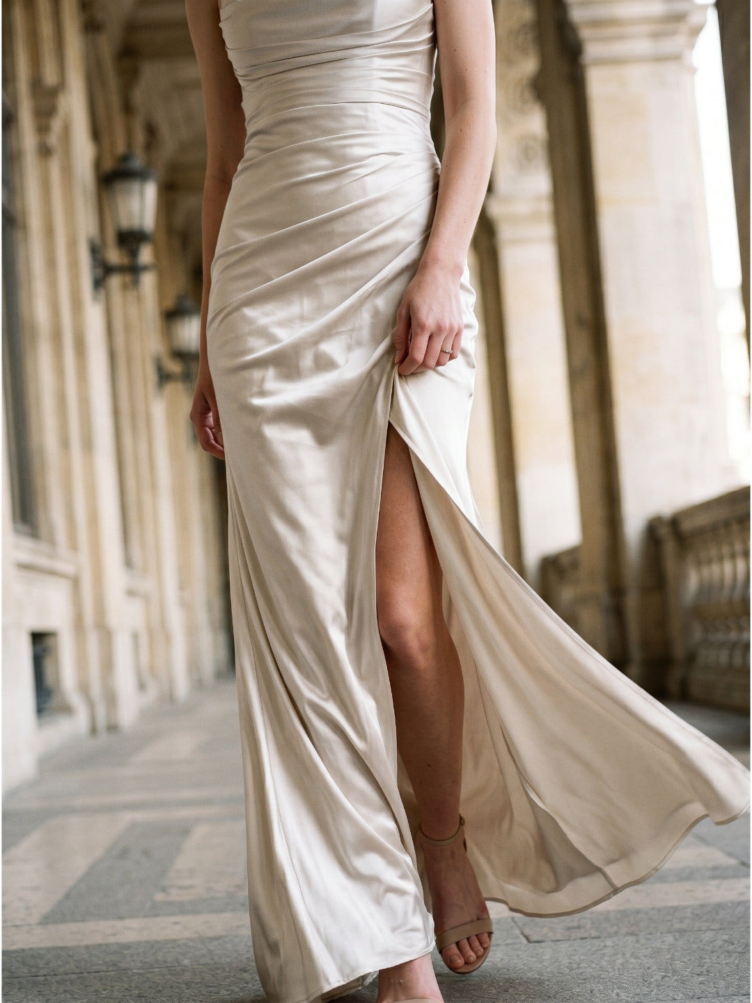 Ivory Satin Sheath Cowl Neck Back Zip Floor-Length Bridesmaid Dress with Pleated Skirt - Curvevia