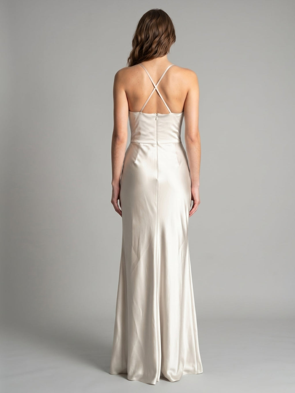 Ivory Satin Sheath Cowl Neck Back Zip Floor-Length Bridesmaid Dress with Pleated Skirt - Curvevia