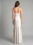 Ivory Satin Sheath Cowl Neck Back Zip Floor-Length Bridesmaid Dress with Pleated Skirt - Curvevia