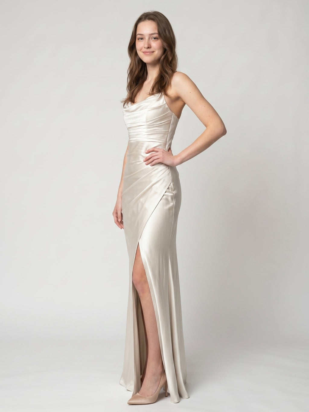 Ivory Satin Sheath Cowl Neck Back Zip Floor-Length Bridesmaid Dress with Pleated Skirt - Curvevia