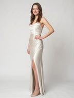 Ivory Satin Sheath Cowl Neck Back Zip Floor-Length Bridesmaid Dress with Pleated Skirt - Curvevia
