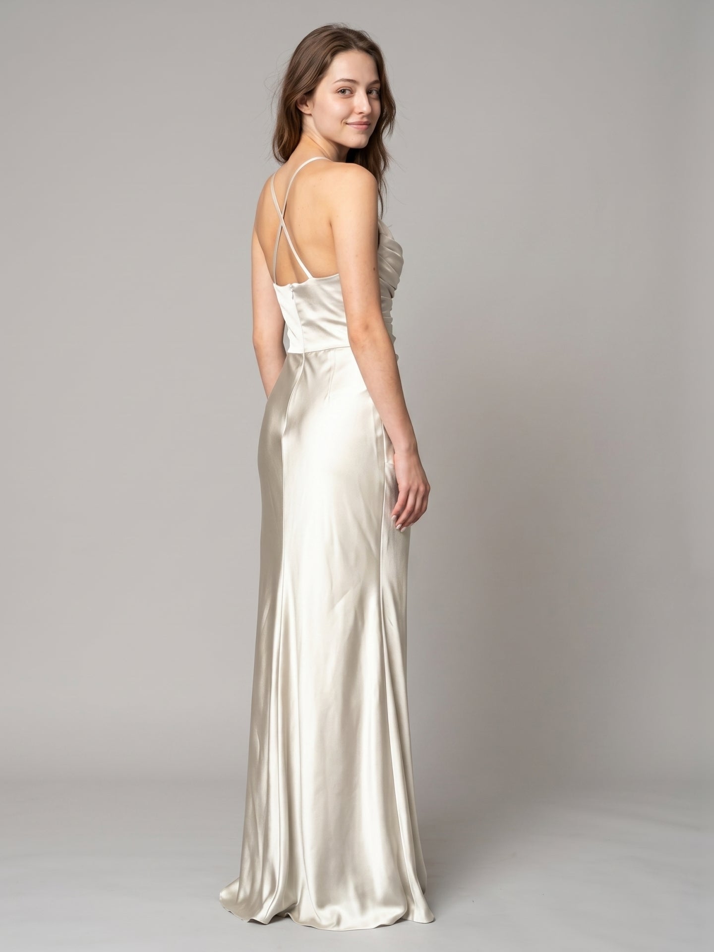 Ivory Satin Sheath Cowl Neck Back Zip Floor-Length Bridesmaid Dress with Pleated Skirt - Curvevia
