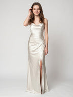 Ivory Satin Sheath Cowl Neck Back Zip Floor-Length Bridesmaid Dress with Pleated Skirt - Curvevia
