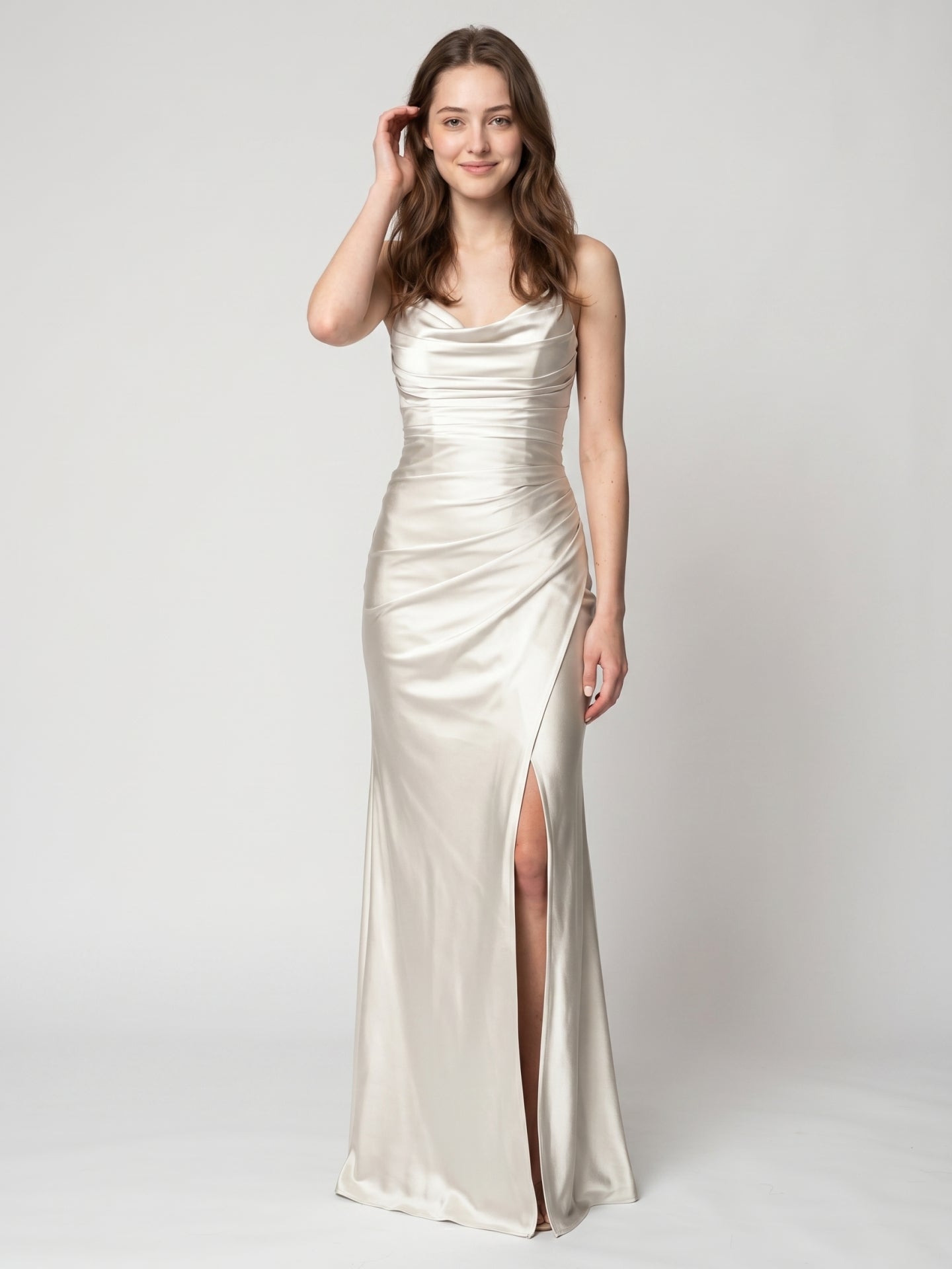 Ivory Satin Sheath Cowl Neck Back Zip Floor-Length Bridesmaid Dress with Pleated Skirt - Curvevia
