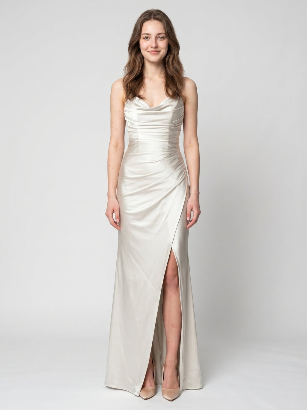 Ivory Satin Sheath Cowl Neck Back Zip Floor-Length Bridesmaid Dress with Pleated Skirt - Curvevia